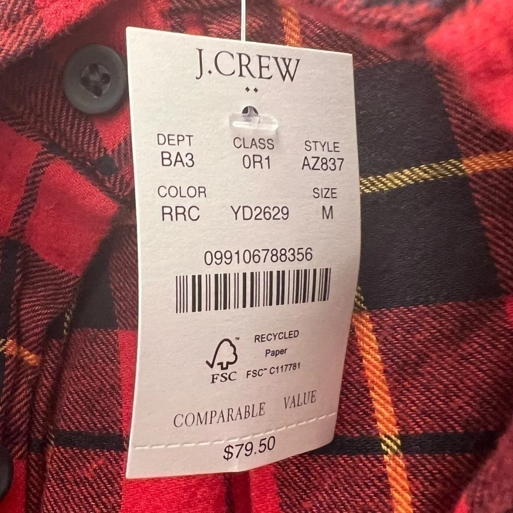 J. CREW NWT Re-imagined 100% cotton plaid flannel button down shirt size medium